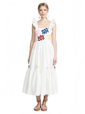 Carolina K Nika Ruffle Midi Dress in white, featuring colorful leaf embroidery